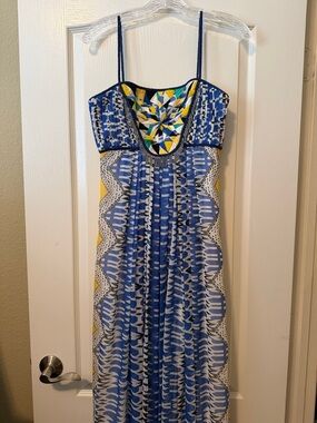 Anthropologie Blue & Yellow Printed Spaghetti-Strap Maxi Dress